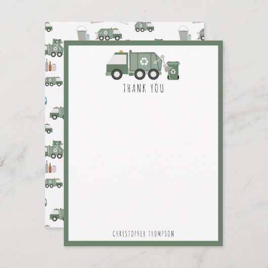 Niedliche grüne Recycelnd Lkw Kids Name Dankeskarte (Vorne/Hinten)