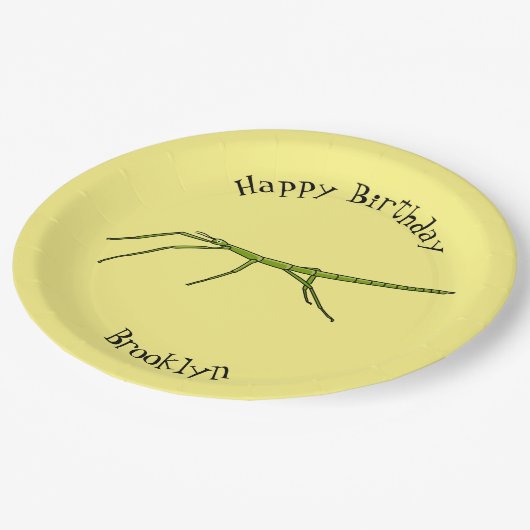 Niedliche grüne Stangen Insekten mit glücklichen G Pappteller (Schrägansicht)