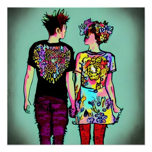 Niedliche Grunge Punk Rock Couple Holding Hand AI  Poster (Vorderseite)