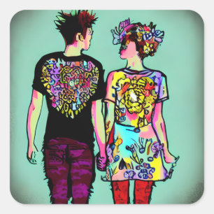 Niedliche Grunge Punk Rock Couple Holding Hands Quadratischer Aufkleber