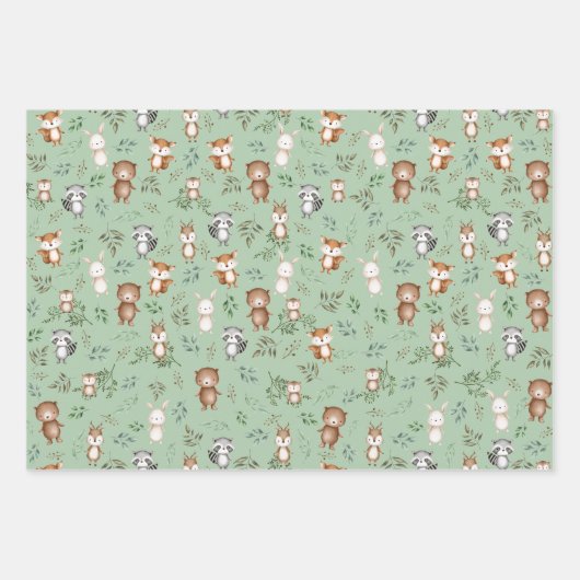 Niedliche Grünpflanzen Wald Party Kleintiere Geschenkpapier Set (Vorderseite)
