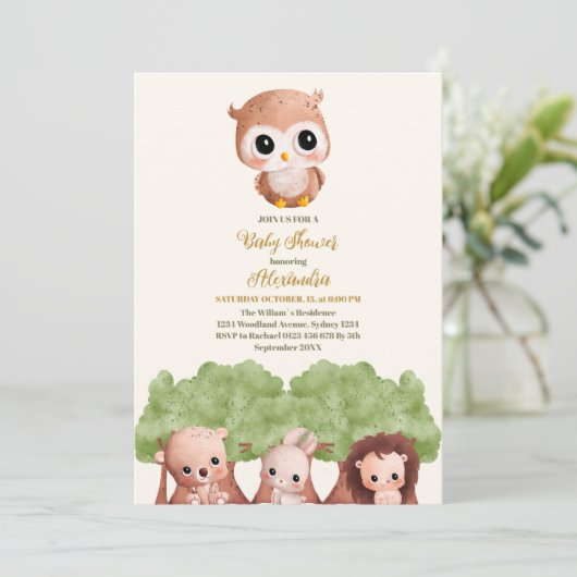 Niedliche Grünwaldtiere Waldtiere Wälder Babydusch Einladung (Stehend Vorderseite)