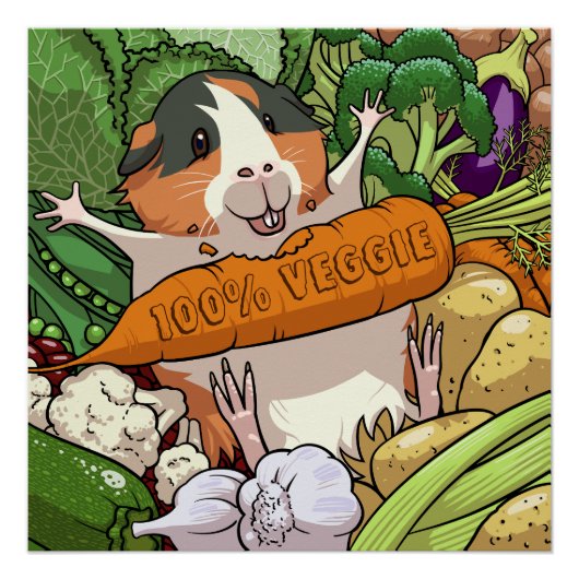 Niedliche Guinea Schwein 100% Veggie Carrot Cartoo Poster (Vorderseite)