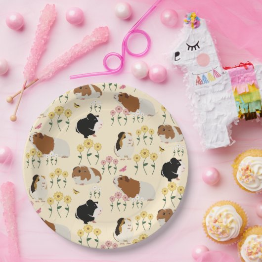 Niedliche Guinea Schweine im Blumengartenmuster - Pappteller (Party)