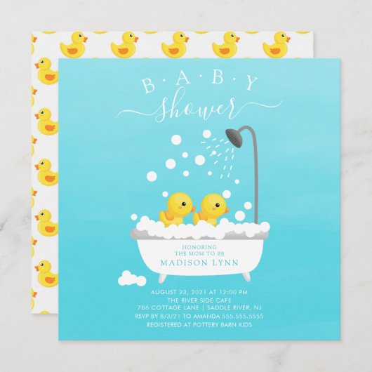 Niedliche Gummi Duck Twins Baby Dusche Einladung (Vorne/Hinten)