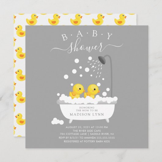 Niedliche Gummi Duck Twins Baby Dusche Einladung (Vorne/Hinten)