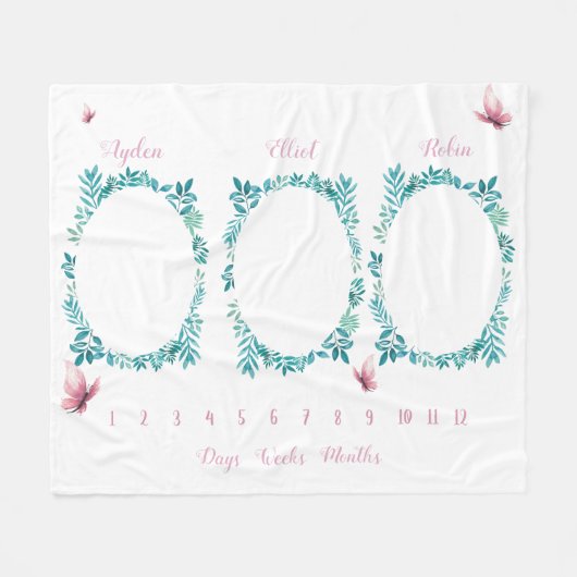 Niedliche gürtelfarbene Blumentriplette Meilenstei Fleecedecke (Vorderseite (Horizontal))