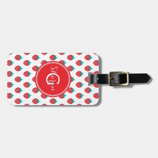 Niedliche, gürtelrote Erdbeermuster, monogramm Gepäckanhänger (Vorderseite horizontal)