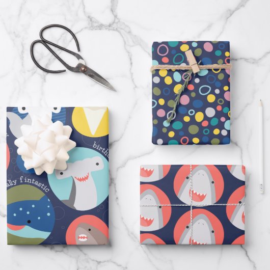 Niedliche Haiarten zum Geburtstag Geschenkpapier Set (Vorderseite)