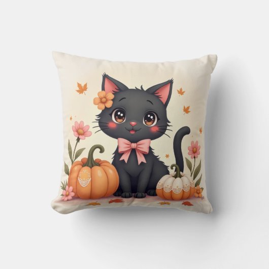 Niedliche Halloween Black Cat mit Pumpkins - Squar Kissen (Vorderseite)