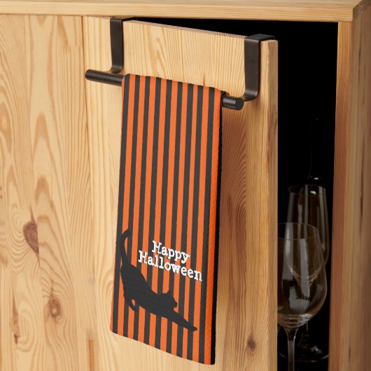 Niedliche Halloween Black Cat Stretching Orange St Geschirrtuch (Drittel gefaltet)