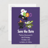 Niedliche Halloween Cat, Bat, Mama Save the Date Einladungspostkarte (Vorne/Hinten)
