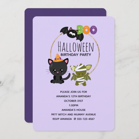 Niedliche Halloween Cat, Bat & Mummy Boo Geburtsta Einladung (Vorne/Hinten)