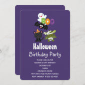 Niedliche Halloween Cat, Bat, Mummy und Ghost Gebu Einladung (Vorne/Hinten)