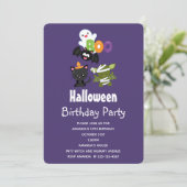Niedliche Halloween Cat, Bat, Mummy und Ghost Gebu Einladung (Stehend Vorderseite)