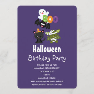 Niedliche Halloween Cat, Bat, Mummy und Ghost Gebu Einladung