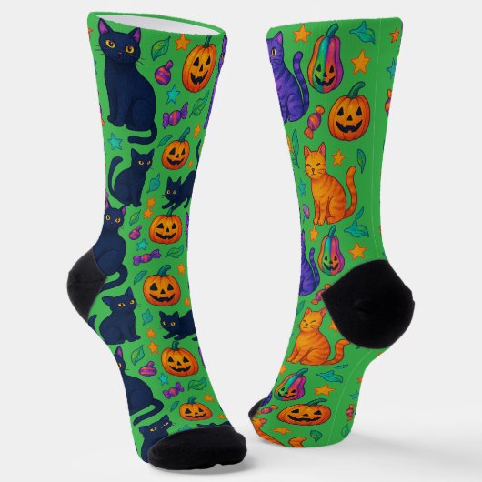 Niedliche Halloween Cat & Pumpkin Crew Socken (Gewinkelt)