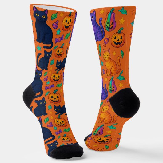 Niedliche Halloween Cat & Pumpkin Crew Socken (Gewinkelt)