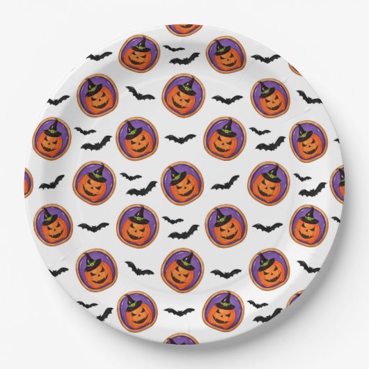 Niedliche Halloween-Fledermäuse & Jack-O-Lantern Pappteller (Vorderseite)