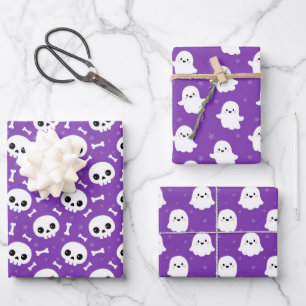 Niedliche Halloween-Geist- und Skulls-Muster Geschenkpapier Set