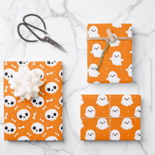 Niedliche Halloween-Geist- und Skulls-Muster Geschenkpapier Set