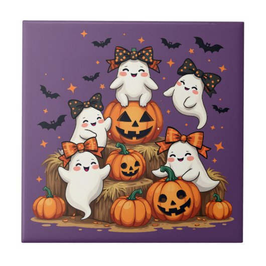 Niedliche Halloween-Geister in Coquette Bows & Pum Fliese (Vorderseite)