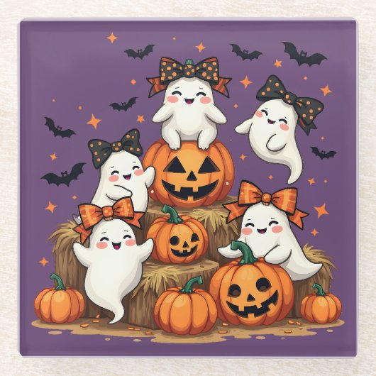 Niedliche Halloween-Geister in Coquette Bows & Pum Glasuntersetzer (Vorderseite)