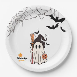 Niedliche Halloween-Geisterhaube mit Broom und Pum Pappteller