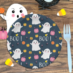Niedliche Halloween Ghost Dark Blue Paper Plate Pappteller