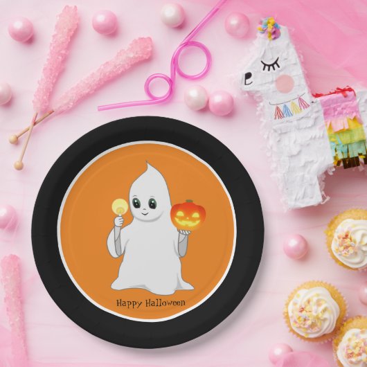Niedliche Halloween-Ghost & Pumpkin auf Orange & B Pappteller (Party)