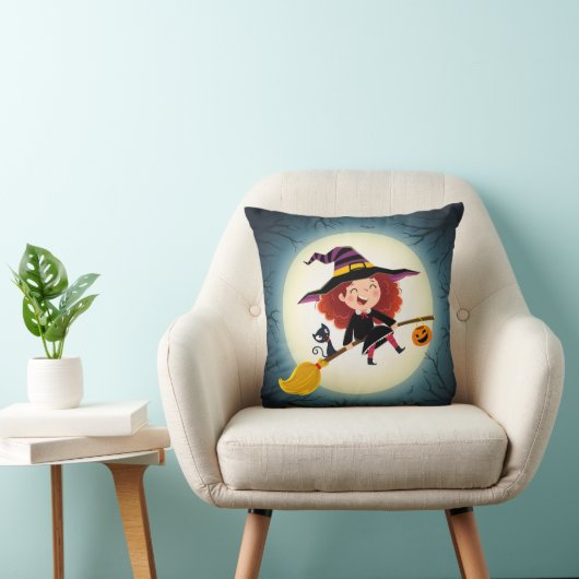 Niedliche Halloween-Hexe auf Broom mit Kat und Kür Kissen (Stuhl )