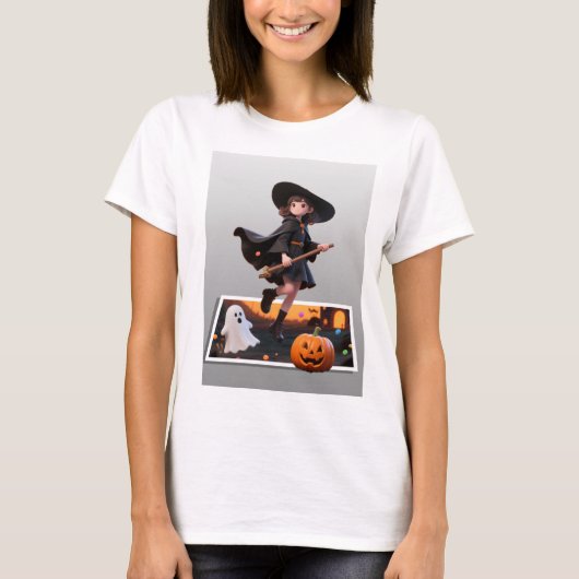 Niedliche Halloween-Hexe auf Broomstick T-Shirt (Vorderseite)