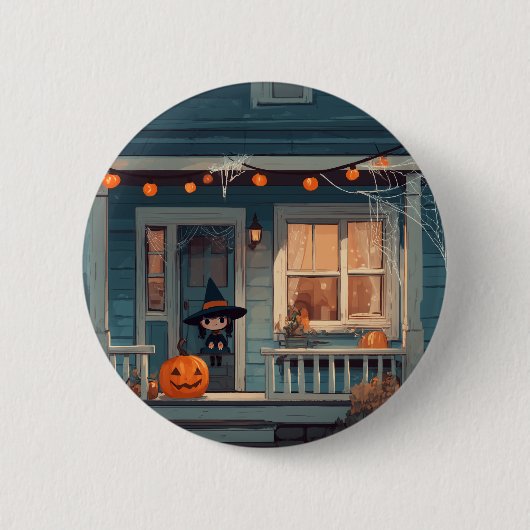 Niedliche Halloween Hexe auf Spooky Porch - Schalt Button (Vorderseite)