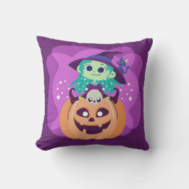 Niedliche Halloween Hexe auf Spooky Pumpkin und Ca Kissen