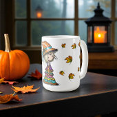 Niedliche Halloween Hexe & Kitten mit Herbstblätte Kaffeetasse