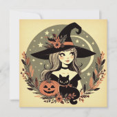 Niedliche Halloween-Hexe mit Schwarzer Katze und K Karte (Vorderseite)