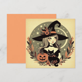 Niedliche Halloween-Hexe mit Schwarzer Katze und K Karte