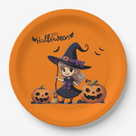 Niedliche Halloween-Hexe Pappteller (Vorderseite)