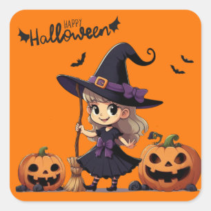 Niedliche Halloween-Hexe Quadratischer Aufkleber