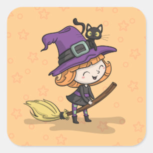 Niedliche Halloween Hexe und Katze   Aufkleber