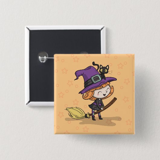 Niedliche Halloween Hexe und Katze | Button (Vorne & Hinten)