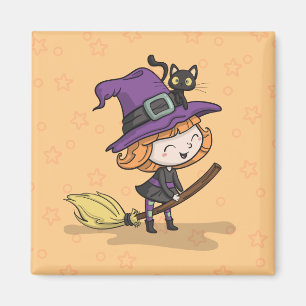 Niedliche Halloween Hexe und Katze Magnet