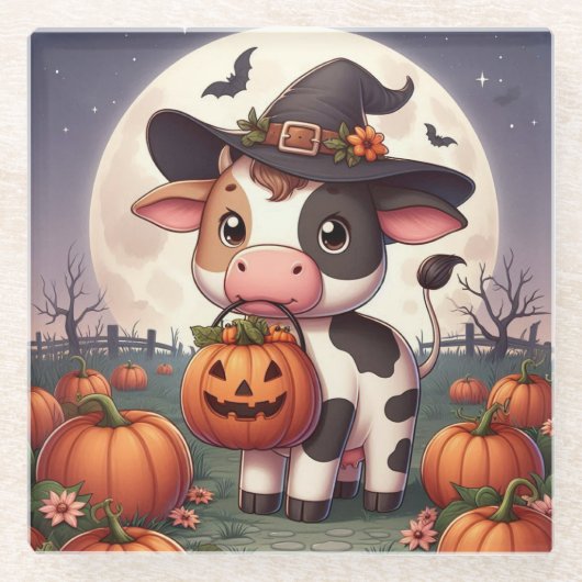 Niedliche Halloween-Hexenkuh Glasuntersetzer (Vorderseite)