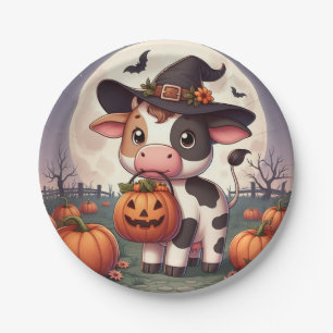 Niedliche Halloween-Hexenkuh Pappteller