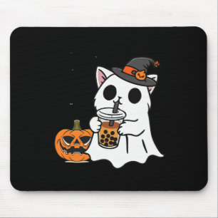 Niedliche Halloween-Katze in Geisterkostüm trinken Mousepad