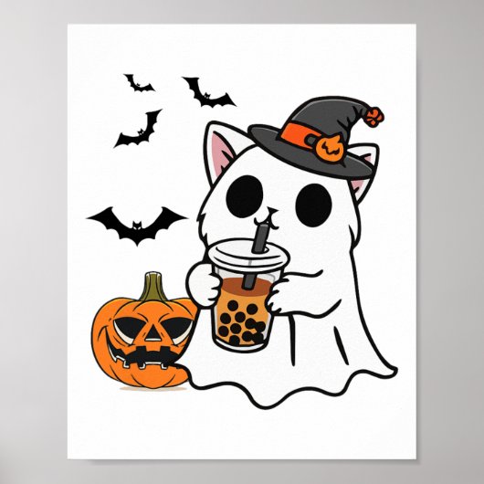 Niedliche Halloween-Katze in Geisterkostüm trinken Poster (Vorne)