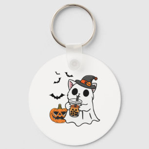 Niedliche Halloween-Katze in Geisterkostüm trinken Schlüsselanhänger