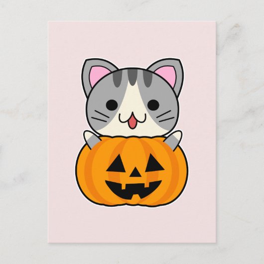 Niedliche Halloween-Katze in Kürbislaterne Postkarte (Vorderseite)