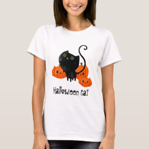 Niedliche Halloween-Katze mit Kürbis T-Shirt