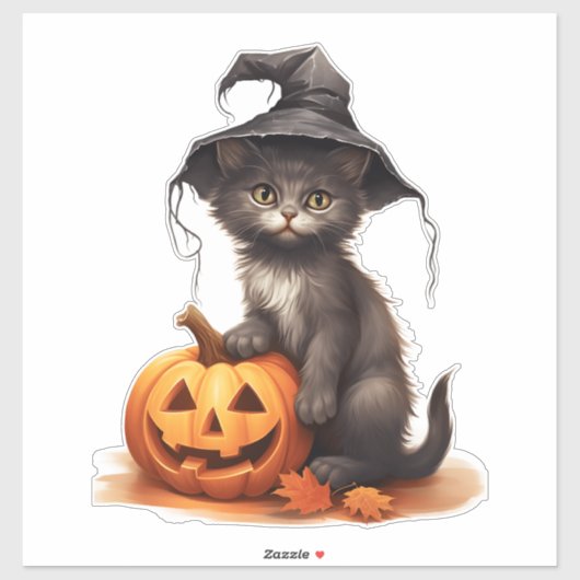 Niedliche Halloween-Katze mit Kürbis und Herbstblä Aufkleber (Blatt)